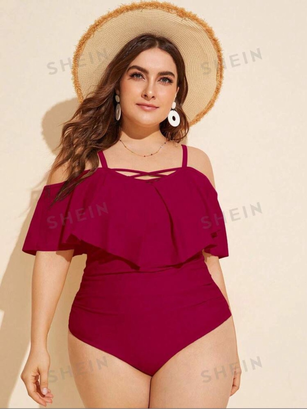 SHEIN Off-Shoulder Ruffle One-Piece Swimsuit in Berry Red